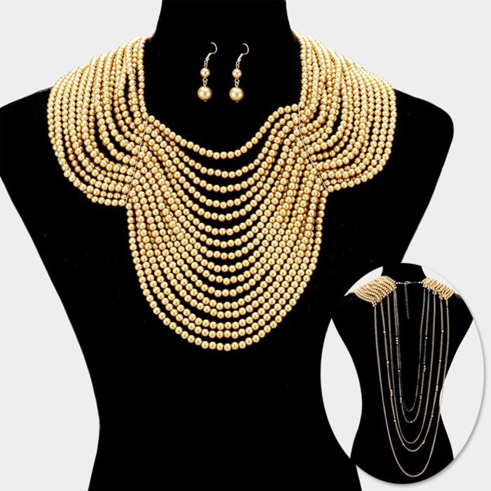 Gold Draped 16 Strands Pearl Bib Statement Necklace